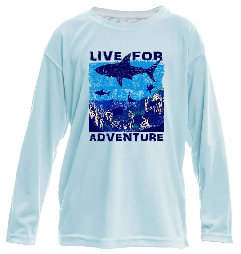 Kids Live for Adventure Blue Shark Sun Shirt - No Location or Custom