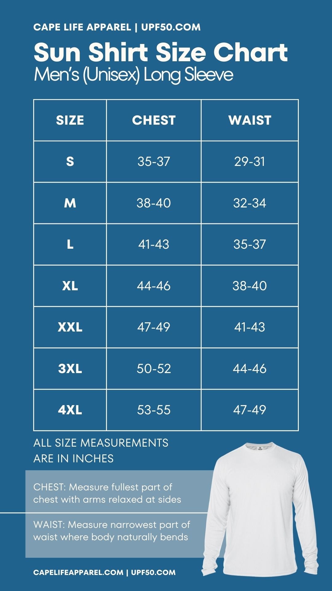 Cape Life Sun Shirt Size Charts Cape Life Apparel