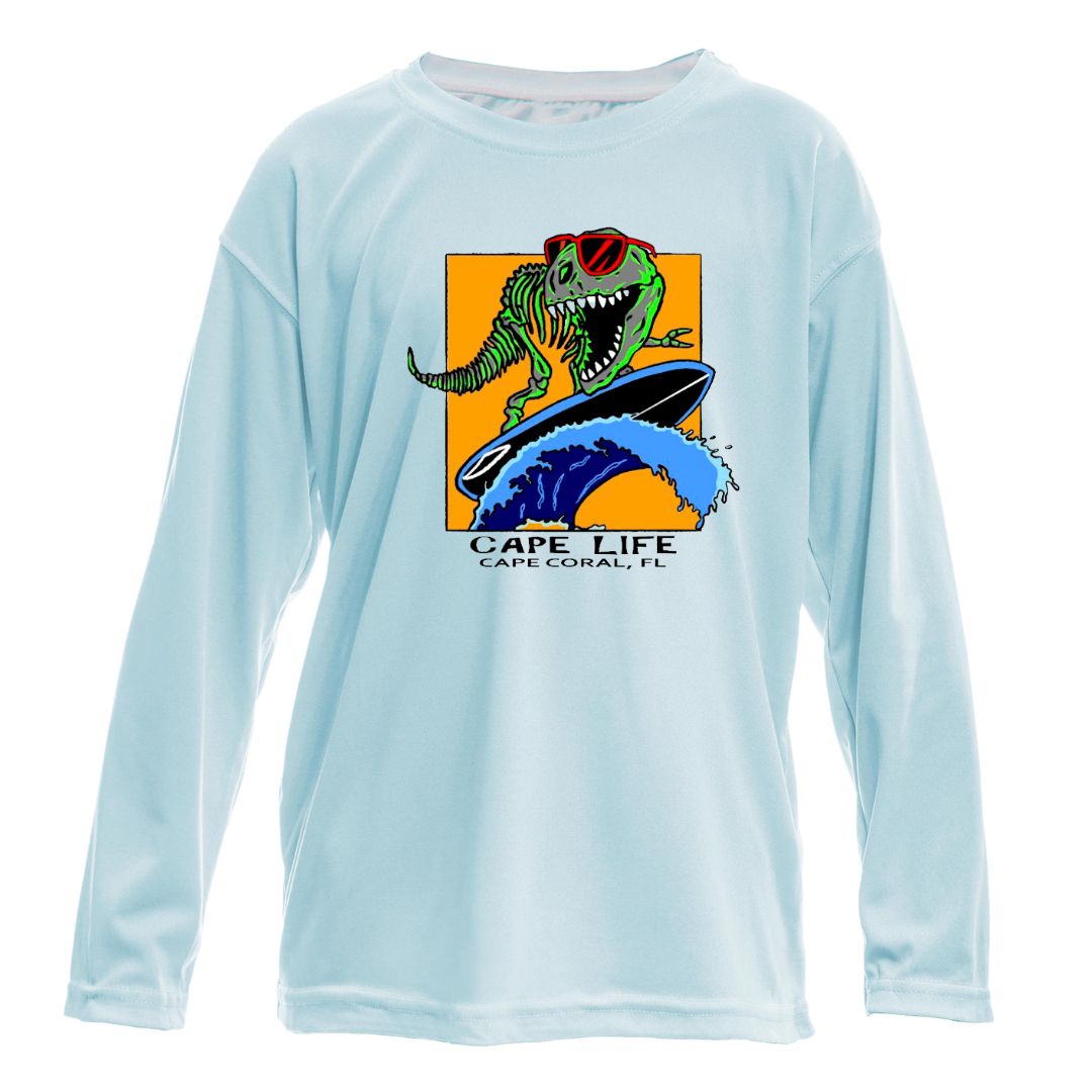 Kids Dinosaur Surfer Sun Shirt - UPF50 Sun Protection Beach Shirt